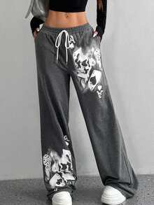 Pantalones con cordón de la cintura con estampado de esqueleto gótico de As de Espadas - Gris - Ver 5