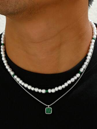 2er Set Herren Kette aus Edelstahl mit imitierter Barockperle & Türkis Anhänger, für täglichen Geschäfts- oder Party-Accessoire (asymmetrische Perlengröße zufällig)
