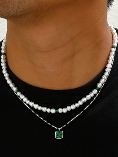 2st set herrhalsband i rostfritt stål med imiterad barockpärla och turkos hängsmycke, för tillbehör för daglig affärsfest (asymmetrisk pärlstorlek slumpmässigt)