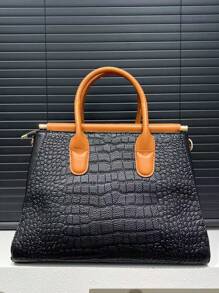 奢华鳄鱼纹压花手提包，PU皮革托特包，女士大容量单肩包，优雅办公工作包 - 摩卡棕 - 查看 7