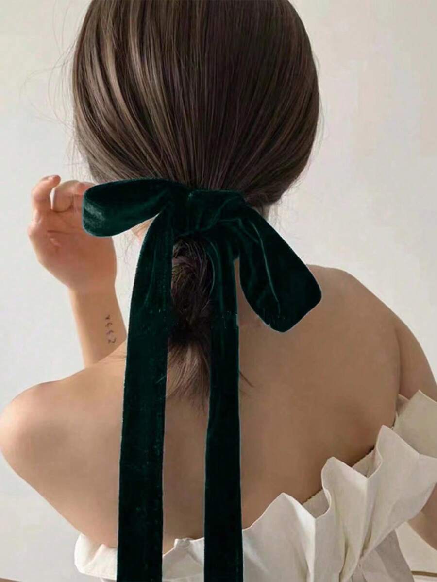 1 Phụ kiện tóc ruy băng dài nhung xanh đậm cho nữ có nơ thanh lịch, thích hợp sử dụng hàng ngày - Màu xanh lá cây đậm - Xem 1