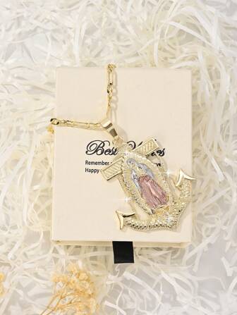  1pc 14K Gold-Plated Copper Zirconia Embossed 3D Hand-Painted Guadalupe Virgin Mary Anchor Pendant Necklace, Blessing Gift Box, Suitable For Christmas/Thanksgiving/Halloween/Mother's/Valentine's Day, Communion, Prayer, Daily Wear