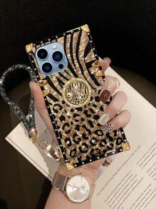 Keychain,Lanyard 1PC Leopard Print Shiny Rectangle Phone Case With Wrist Strap, Featuring Multi-Layer Shock Absorption, Drop Protection And Anti-Slip Design, New Design Loved By Women, Creative Protective Cover, Birthday Gift, Girlfriend, Boyfriend, Valentine's Day, Holiday Gift For Couple, Friend, Family, Yourself