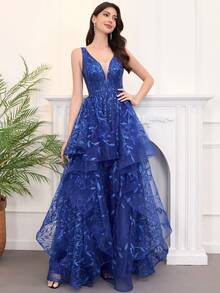Ball-Gown/Princess V-Neck Floor-Length Lace Floral Prom Dresses With Sequins, Elegant Formal Evening Dress, For Wedding Guest, Graduation, Dinner,Party Dress - Xanh đậm - Xem 6