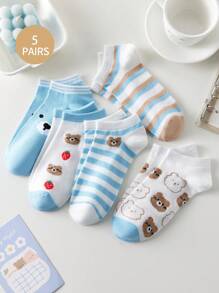 5 双女士休闲熊图案短袜，日常穿着 - 彩色 - 查看 1