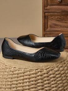 Women's Square Toe Flat Casual Slip-On Loafers, Black, Suitable For Work, Commuting And Daily Wear, Fall Season