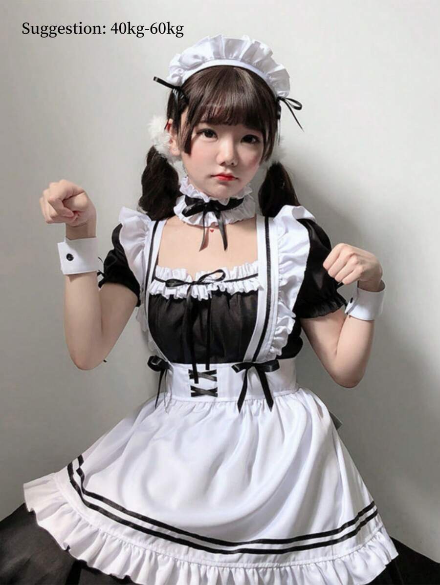 1 Set Maid Costume Cosplay Cute Student Dress, Lolita Outfit, Plus Size Anime Clothing, Kawaii Daily Wear (Including: Dress + Apron + Headpiece + Necklace + Wrist Cuffs + Leg Garters, Fits Up To 275 Lbs, Adjustable Wrist Cuffs)