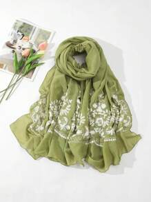 1條花卉刺繡圍巾,日常時尚戶外全季節優雅 - 白色 - 查看 4