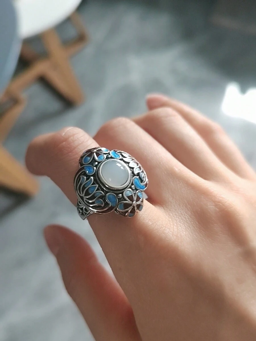 CVNANA 1 件装复古宫廷花丝蓝工艺镀铂金仿和田玉戒指女款珠宝礼物送长辈 - A - 查看 1