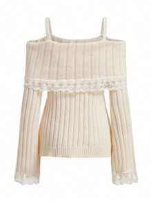 Women's Cold Shoulder Sweaters Long Sleeve Contrast Lace Knit Pullovers Bow Front Jumper Tops