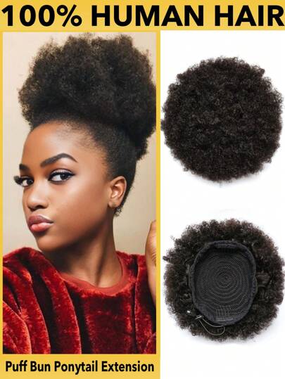 1pc Puff Bun Drawstring Ponytail Afro Kinky Curly Human Hair Extension Natural Black Color 1B Afro Kinky Curly Clip In Hair 65g/95g Natural Looking For Women Daily Use
