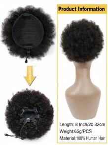 1pc Fluffy Bun Drawstring Ponytail, African Curly Human Hair Extensions, Natural Black 1B, 65g/95g, African Curly Clip-In Wig, Natural Appearance, Suitable For Women's Daily Use. - SNatural - View 3