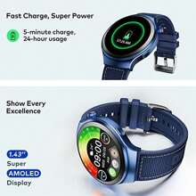 itel ISW-O43 智能手表采用 Edge R1 Pro 设计，支持超快充电，配备 1.43 英寸 AMOLED 显示屏，具备心率/血氧饱和度/睡眠/步数等日常健康追踪功能，以及蓝牙通话功能。 - 藍色 - 查看 3