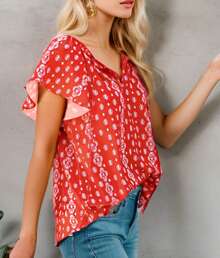Women's Boho Tops Floral V Neck Short Sleeve Summer Blouse Shirts - Đỏ - Xem 5