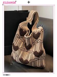 Túi Tote đan họa tiết trái tim cổ điển, Túi đeo vai thời trang hàng ngày cho phụ nữ, Túi mua sắm móc len - Màu Khaki - Xem 1