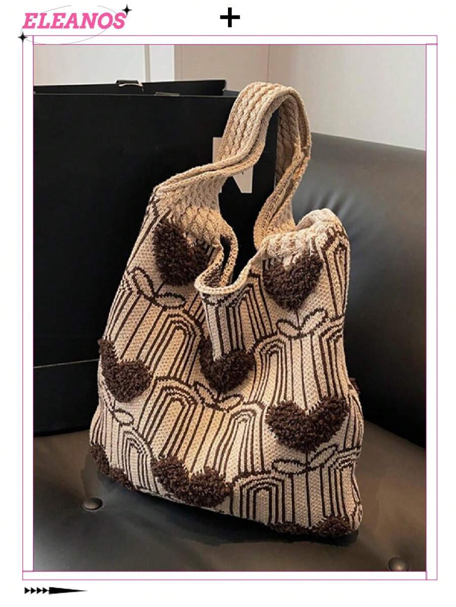 Túi Tote đan họa tiết trái tim cổ điển, Túi đeo vai thời trang hàng ngày cho phụ nữ, Túi mua sắm móc len - Màu Khaki - Xem 1