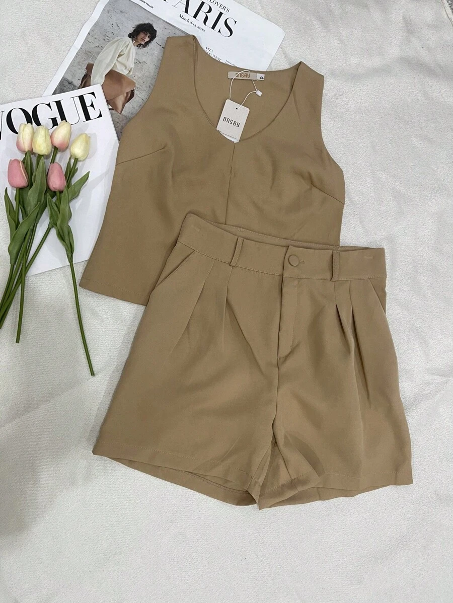 Women Summer Casual Suit Set With Vest And Shorts/DD078 - 卡其色 - 查看 1