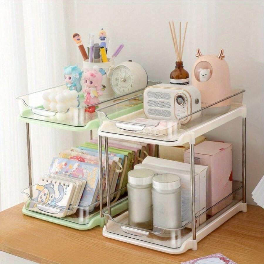 1 件，2 层拉出式化妆品收纳盒，颜色随机，透明 PET 塑料护肤品收纳盒，便携式浴室/厨房/办公室收纳盒，亚克力化妆品收纳盒 - 顏色隨機 - 查看 1