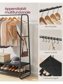 VASAGLE Appendiabiti, Appendiabiti, Armadietto, Spogliatoio, con 2 ripiani, 6 ganci a forma di S, telaio in acciaio, per camera da letto, marrone rustico e nero/Rovere e Bianco Opaco/Nero Ebano e Nero Opaco/Marrone Turchese e Nero/Bianco Nuvola e Bianco - Taglia unica nei colori ebano e nero opaco - Visualizzare 4
