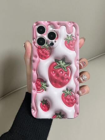 1 件透明 TPU 防摔彩色 3D 草莓视觉效果平面图案手机壳兼容 15/15Pro/15Plus/15ProMax/16/16Pro/16Plus/16ProMax、Galaxy S23 Ultra/A14/A24、Redmi Note 12 Pro、Pixel 8/8 Pro 防水防震防刮