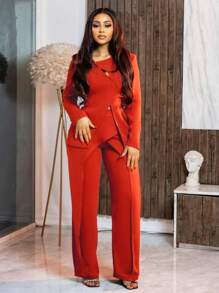 Completo da donna elegante e da ufficio per l autunno e l inverno, composto da top asimmetrico con zip e aperture, abbinato a pantaloni dritti, di colore solido, in stile alla moda - Arancione - Visualizzare 1