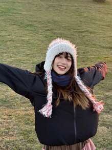 1pc Braided Colorful Tassel Beanie, Knitted Mixed Color Women Outdoor Travel Photography Props, Spring