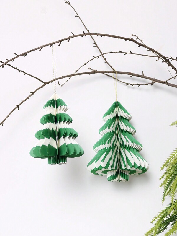 1set(2pcs) - Reen And White Striped Honeycomb Christmas Tree Pendant Set, Christmas Tree Decoration Pendant, Desktop Decoration Accessories, Christmas Party Home Scene Decoration Supplies
