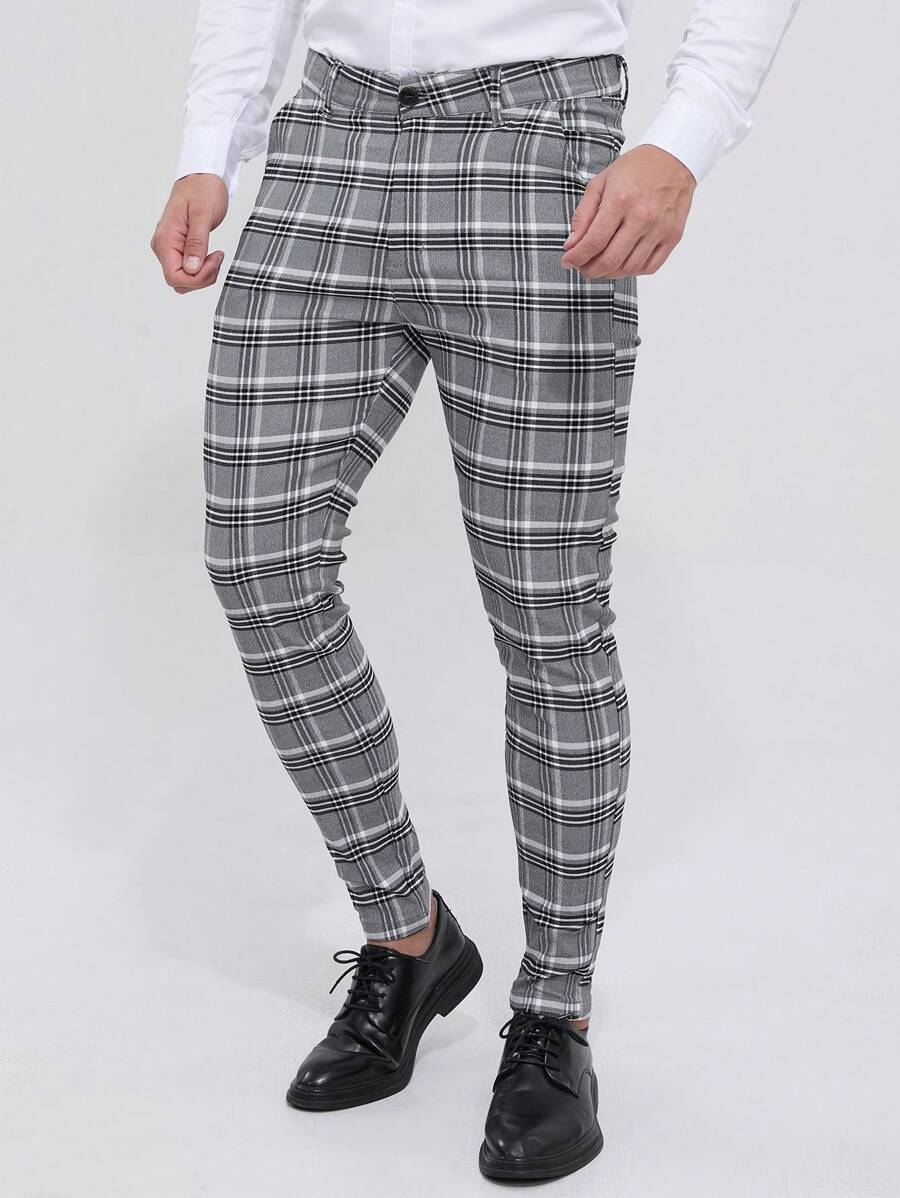ALLELMS Men Light Grey Checked Slim Fit Stretch Chinos Plaid Pants