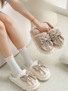 蝴蝶结包，室内女士家居鞋，保暖家居鞋 - 卡其色 - 查看 4