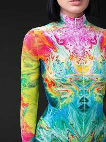 LADYINGBAY Colorful Spandex Full Body Printed Jumpsuit, Yoga Fitness Suit, Halloween Costume, Christmas Party Performance Costume Halloween Costumes And Christmas Performance Outfits - 彩色 - 查看 5