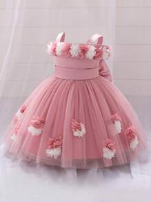 Váy cưới hoa bé gái dễ thương bằng vải tuyn hoa, thích hợp cho tiệc sinh nhật 1 tuổi và đi chơi, không bao gồm băng đô - Bụi hồng - Xem 3