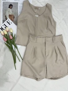 Women Summer Casual Suit Set With Vest And Shorts/DD078 - 米色 - 查看 1