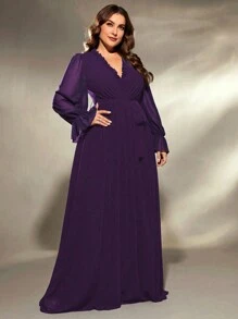 Plus Size V-Neck Asymmetrical Folded Frill Trim Tie Waist Flowy Long Sleeve Chiffon Dress, Bridesmaid Dress - Purple - View 4