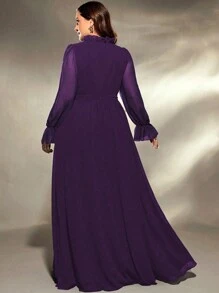 Plus Size V-Neck Asymmetrical Folded Frill Trim Tie Waist Flowy Long Sleeve Chiffon Dress, Bridesmaid Dress - Purple - View 2