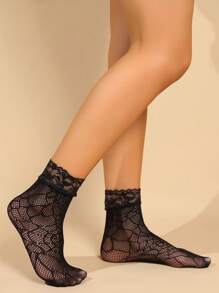 5pairs Floral Lace Net Short Socks, Fishnet Stockings, Sheer Thigh High Socks, Ladies Hosiery