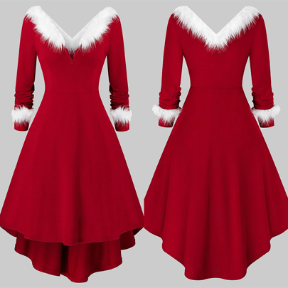 1pc Vintage Elegant Women Christmas Party Cocktail Dress, Long Sleeve Plush Button Christmas Princess Gown, Women Christmas Cosplay Outfit, Red Autumn/Winter Hollow Out Apparel Thanksgiving Dress, Long Princess Dress, Christmas Costume Halloween