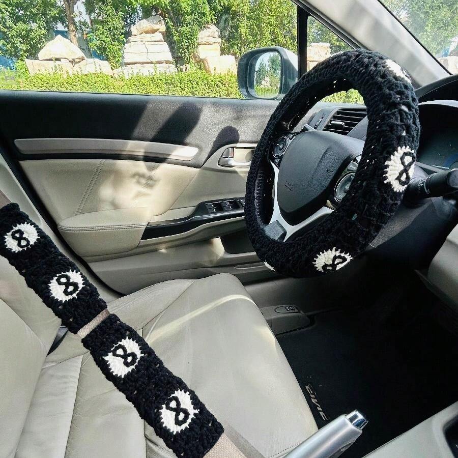 OnEternal Handmade Crochet Steering Wheel Cover & Seat Belt Covers Set - Puff Flower, Light Pink - View #6