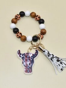 Móc khóa hạt gỗ lấy cảm hứng từ phương Tây với mặt dây chuyền và tua rua họa tiết da báo và bò - Ví đeo tay bằng hợp kim/da giả sang trọng dành cho phụ nữ, quà tặng hoàn hảo cho Ngày của Mẹ - Nhiều màu - Xem 4