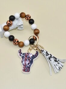 Móc khóa hạt gỗ lấy cảm hứng từ phương Tây với mặt dây chuyền và tua rua họa tiết da báo và bò - Ví đeo tay bằng hợp kim/da giả sang trọng dành cho phụ nữ, quà tặng hoàn hảo cho Ngày của Mẹ - Nhiều màu - Xem 5