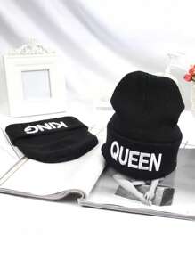 Aylhfo 1/2件秋冬流行KING QUEEN刺绣保暖针织帽情侣毛线帽套头帽冬帽 - 彩色 - 查看 1