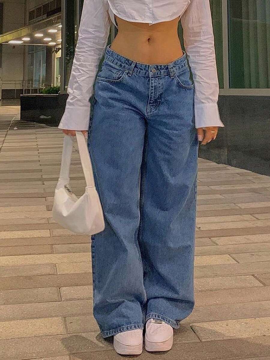 Jeans rectos casuales sueltos con bolsillos para mujer - Azul lavado oscuro - Ver 1