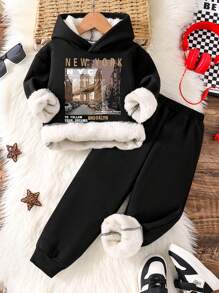 Boys' Landscape Graphic Print Pullover Hoodie And Sweatpants Set, Warm - Black - View 1