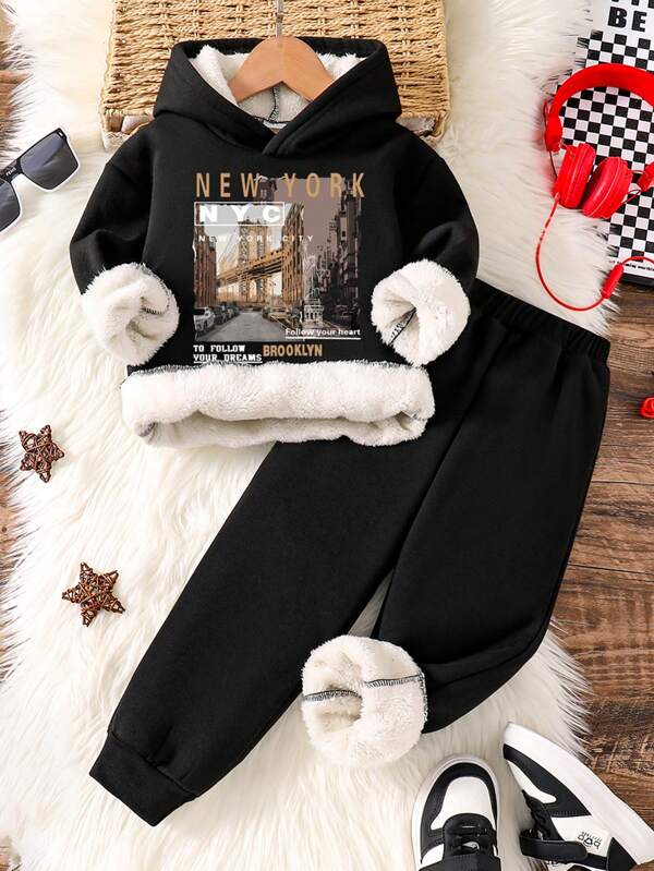 Set hanorac și pantaloni de trening cu imprimeu grafic peisaj pentru băieți, călduroși