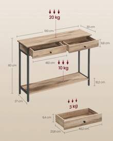 VASAGLE Mesa de Consola, Mesa de Entrada, Mesa de Sofá con 2 Cajones, Marco de Acero, Estable, para Pasillo, Dormitorio, Salón, Estilo Industrial,Marrón Camello y Negro Tinta - Camel - Ver 5