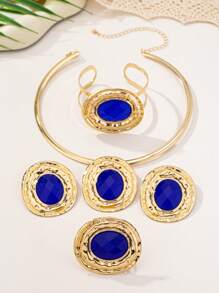 1 件/套 2025 新款欧美夸张个性金属网菱形仿珍珠戒指耳环手链项链套装，小众高端优雅百搭珠宝套装，适合女士、派对和日常佩戴，礼物 - 首飾套裝 - 查看 48