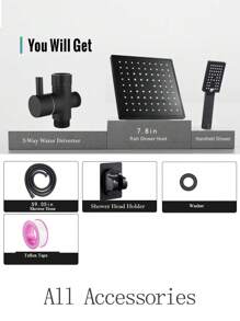 YAOPENG 一套淋浴组合，包含一个8英寸高压方形雨淋式花洒（3种喷淋模式）、一个手持花洒、一根59英寸超长软管、一个三通分水器、一个花洒支架和一个G1/2通用顶部花洒头，安装简便。浴室配件，浴室工具 - 黑色-ABS噴頭 - 查看 5