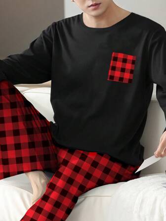 Two Pieces Sets Men's Sleepwear Autumn And Winter Long Sleeved Pants Checkered Pattern Home Clothes Sleepwear Set, For Fall