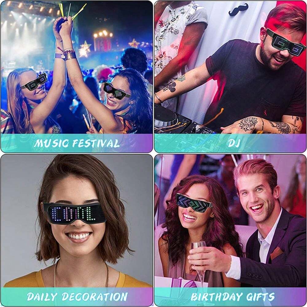 Lunettes LED Party Contrôlées Par App Bluetooth – Effets Lumineux, Musique & Texte Personnalisé, Rechargeables