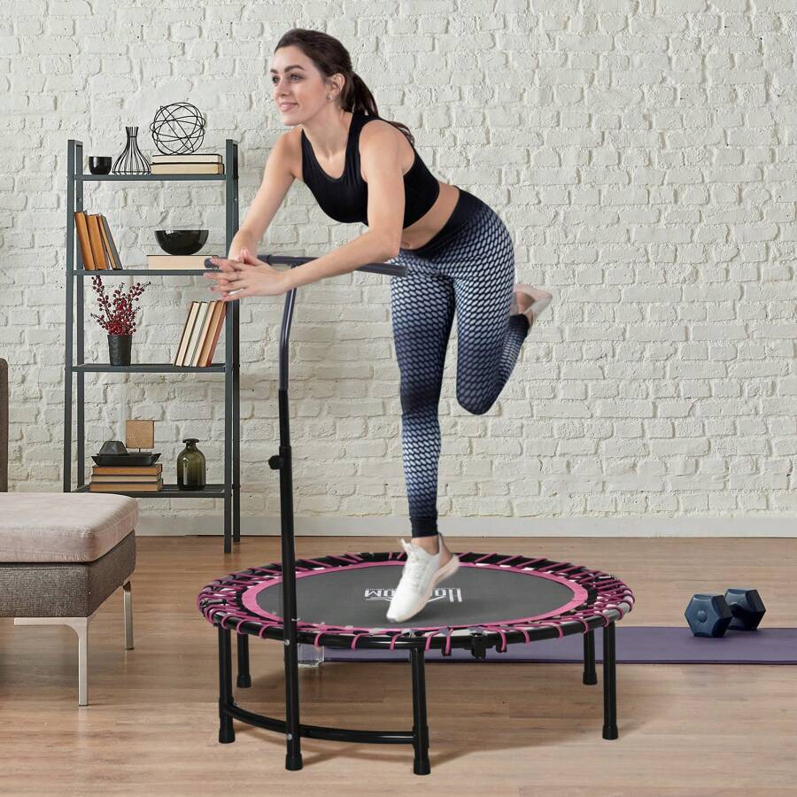 HOMCOM 45" Foldable Mini Trampoline Silent Rebounder Indoor Outdoor Jumper With Adjustable Handle - Pink - Pink - View 1
