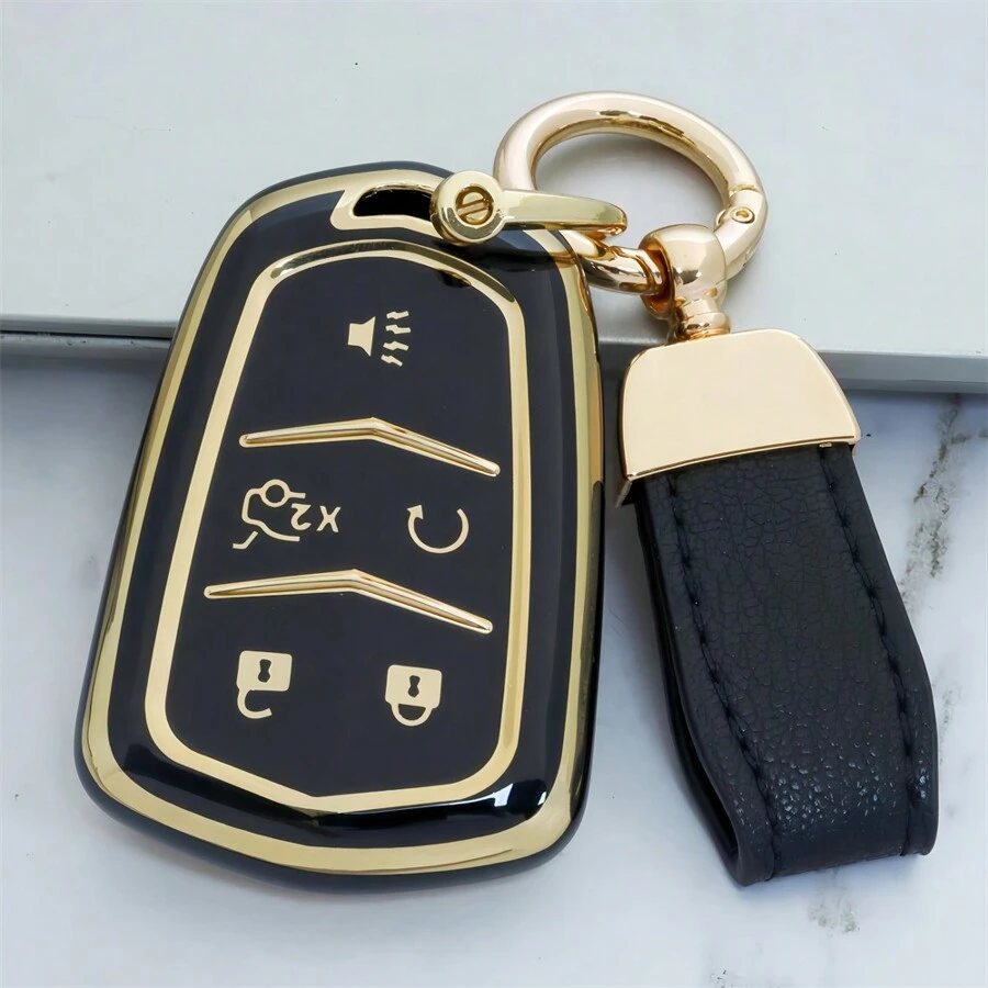 5 键汽车钥匙套 钥匙扣套 TPU 金边钥匙壳 适用于凯迪拉克 适用于 CT4 适用于 CT5 适用于 ATS 适用于 XT6 时尚新潮钥匙包带钥匙扣 适用于女孩 防摔、防尘、精致高端钥匙包适合女性
